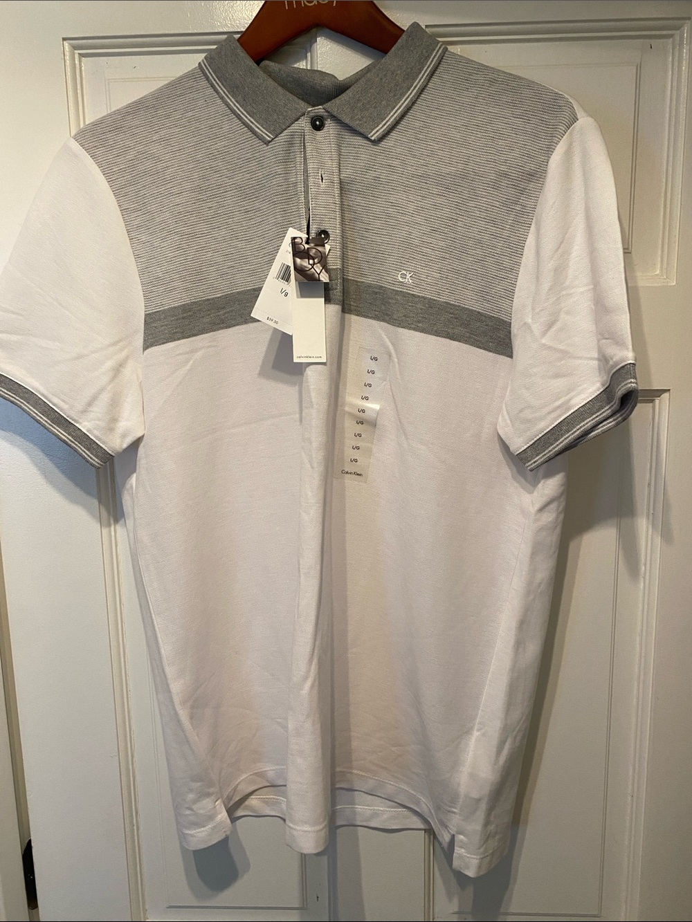 Calvin Klein Men’s White and Gray Short Sleeve Polo with Contrast Yoke